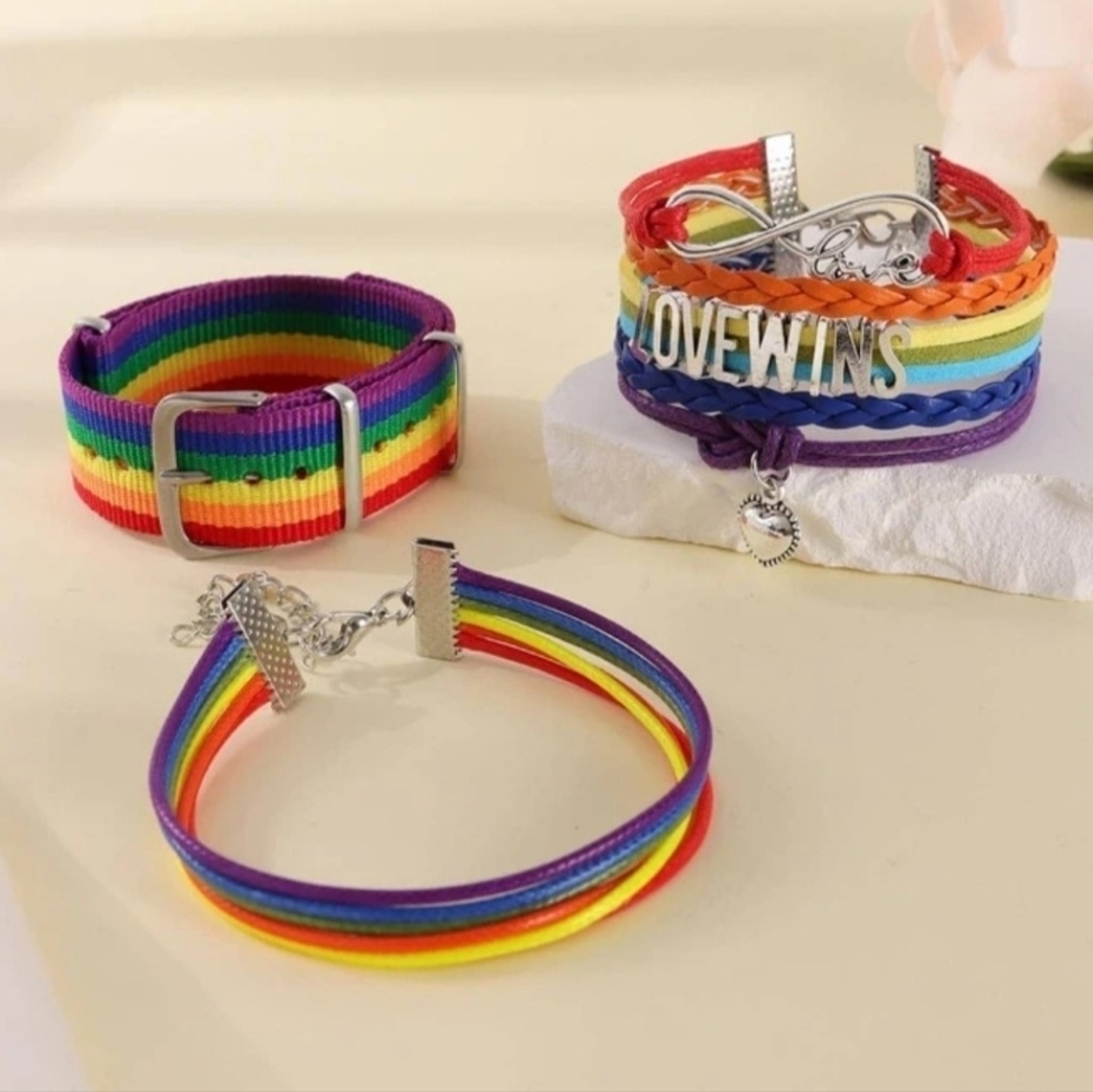 Hand Crafted Rainbow multicolored bracelets Set of 3 LGBTQIA+ Pride Adjustable - Picture 3 of 7